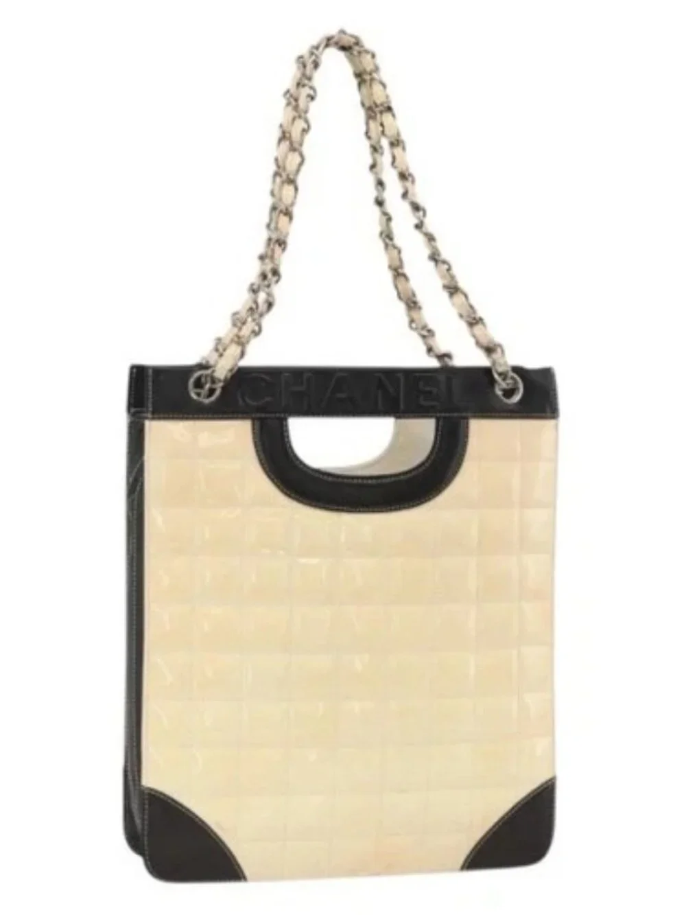 CHANEL Choco Bar Chain Shoulder Bag Patent Leather Beige Silver CC Auth BA11764A